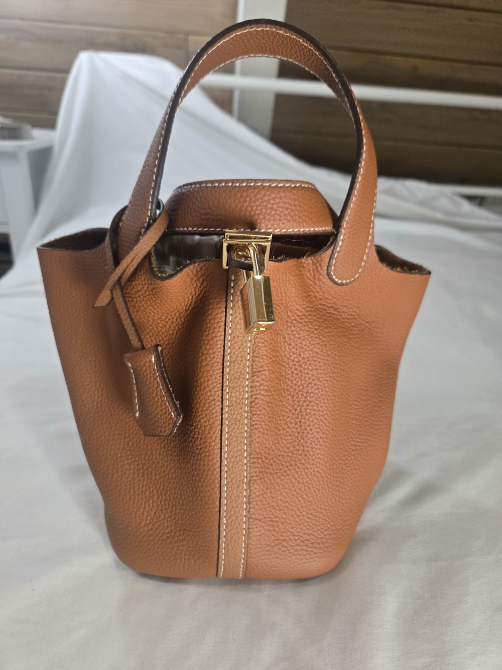 Picotin Style Gorgeous Leather Mini Tote Bag in Tan with Gold Hardware